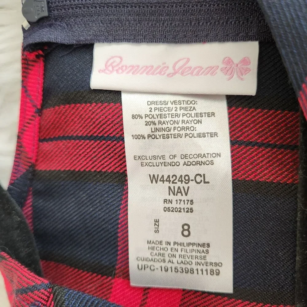 Bonnie Jean Girls Sleeveless Dress Red Blue Tartan Plaid Size 8 Christmas Formal